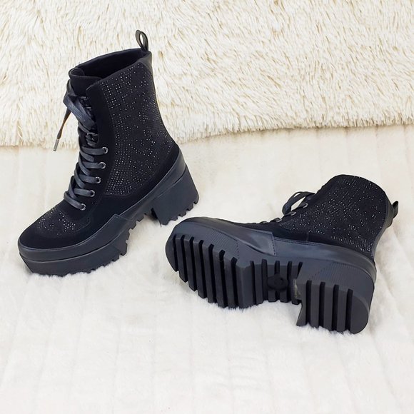 Diva Shine Black Rhinestone Platform Combat Ankle Boots - Picture 5 of 12